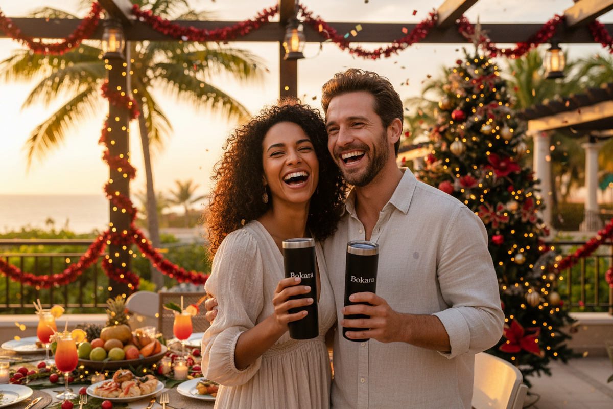 A realistic image of a biracial couple on vacation celebrating a holiday holding a black cup with the text Bokkara on it 